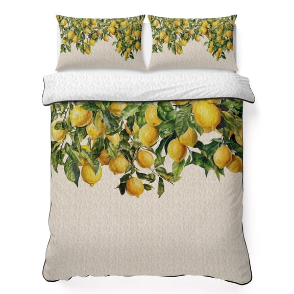 King Quilt Set 96''x106'', Summer Lemon Lightweight Bedspread Coverlet Set with 2 Pillow Shams, Green Botancial Summer Yellow Fruits Rustic Breathable All Season Quilt Bedding for Bedroom/Guest Room