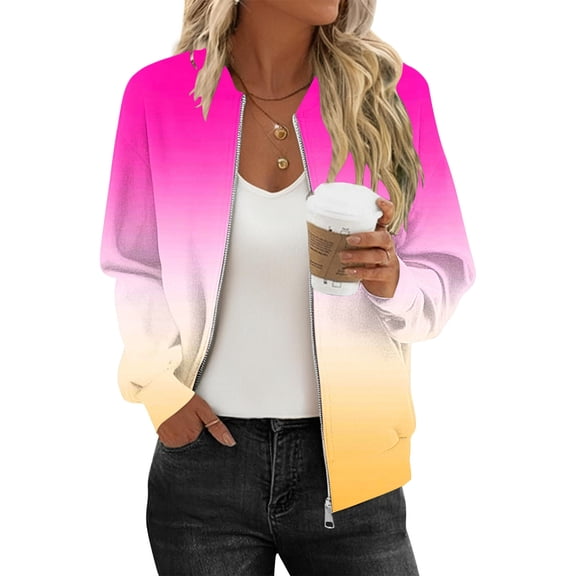 jobturf Womens Bomber Jacket Holiday Lightweight Casual Outerwear Long Sleeve Going Out Tops Fall Spring Fashion Gradient Short Coats with Pockets