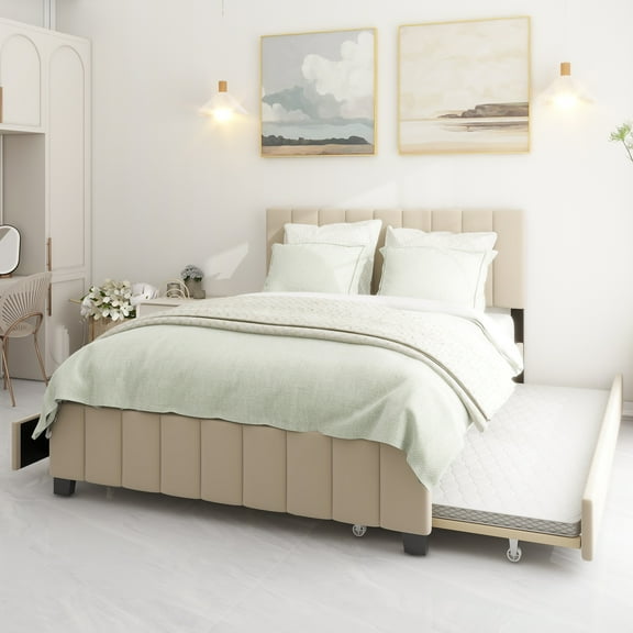 Queen Size Velvet Upholstered Platform Bed with 2 Drawers and 1 Twin XL Trundle- Beige