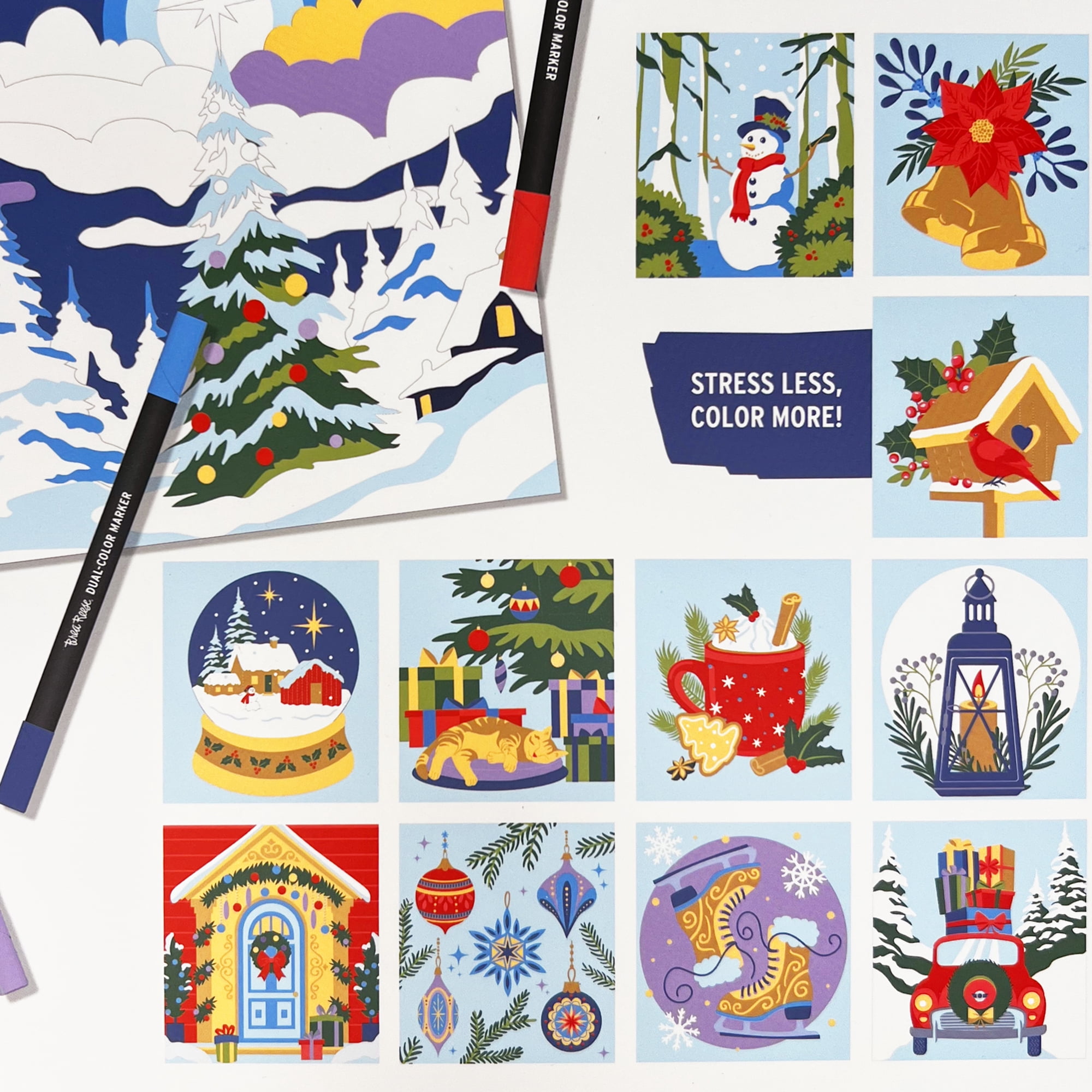 Brea Reese: Marker Coloring Kit - Christmas Tree - 5 Dual-Sided Markers, 12 Holiday-Themed Coloring Pages, Festive Spiral-Bound Art Pad, Adult Craft