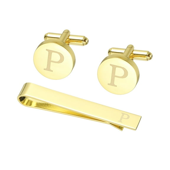 Uxcell Cuff Links, Initial Tie Clip and Cufflink Set for Men Classic Copper, Letter P(Gold Tone)