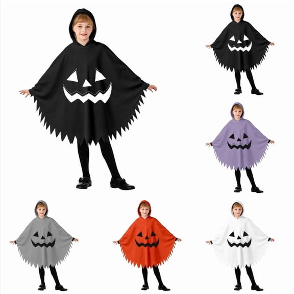 Krdevn Kids Halloween Hooded Cape, Funny Pumpkin Face Cosplay Poncho Costume for Party Dress‑Up,10-12 Years