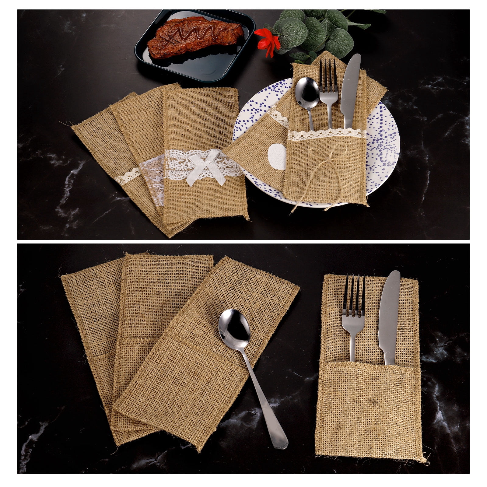 Uxcell 24Pcs Burlap Lace Utensil Holder Cutlery Pouch Silverware Holder with Bow