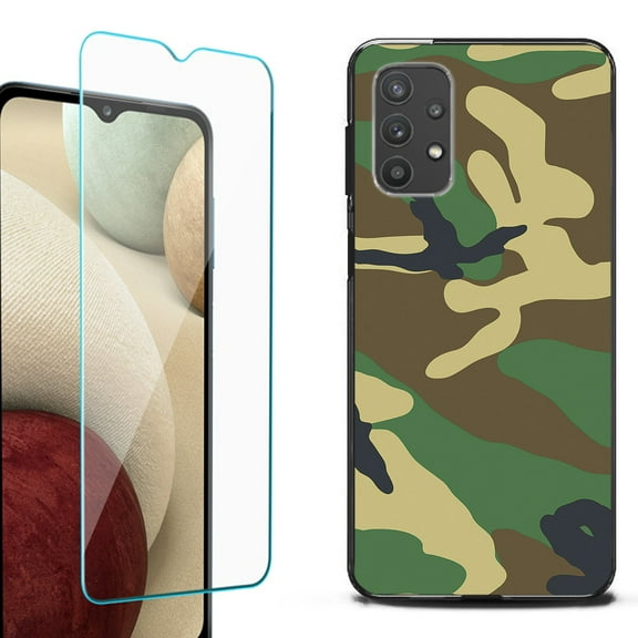 Slim-Fit Flexible TPU Gel Phone Case (black) for Samsung Galaxy A32 5G, with Tempered Glass Screen Protector, by OneToughShield ® - Camo Green