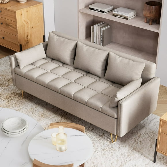 Modern Faux Leather Storage Chesterfield Sofa, Beige