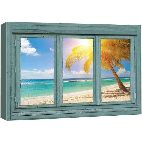wall26 Canvas Print Wall Art Window View Tropical Sunset Beach Paradise Nature Wilderness Photography Modern Art Rustic Scenic Colorful Ultra for Living Room, Bedroom, Office - 12"x18"