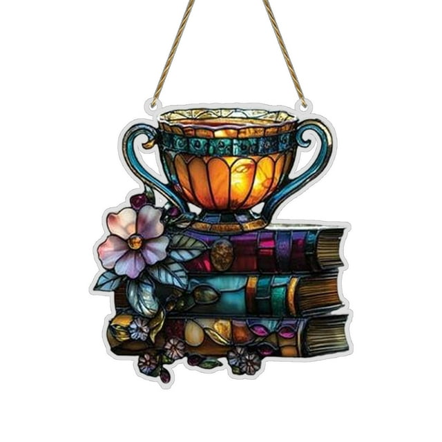 Floral Books And Tea Cups Acrylic Decoration Book Lovers Light Catcher Window Hanging Unique Housewarming Suitable For Readers And Literary Decoration Car Decorating Christmas Stone Rain Chains