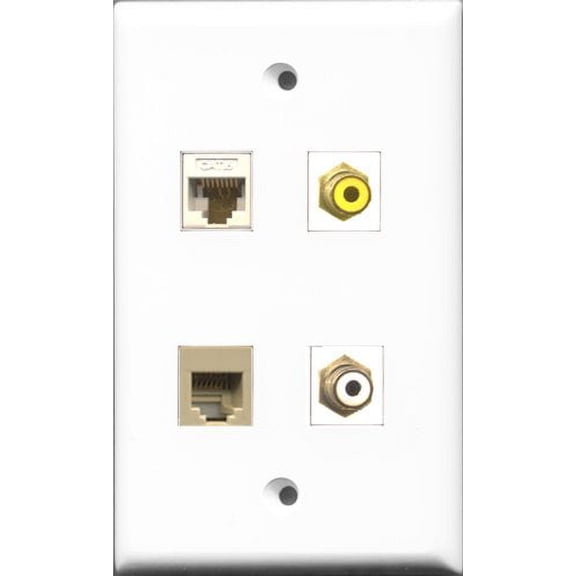 RiteAV 1 Port RCA White and 1 Port RCA Yellow and 1 Port Phone RJ11 RJ12 Beige and 1 Port Cat6 Ethernet White Wall Plate