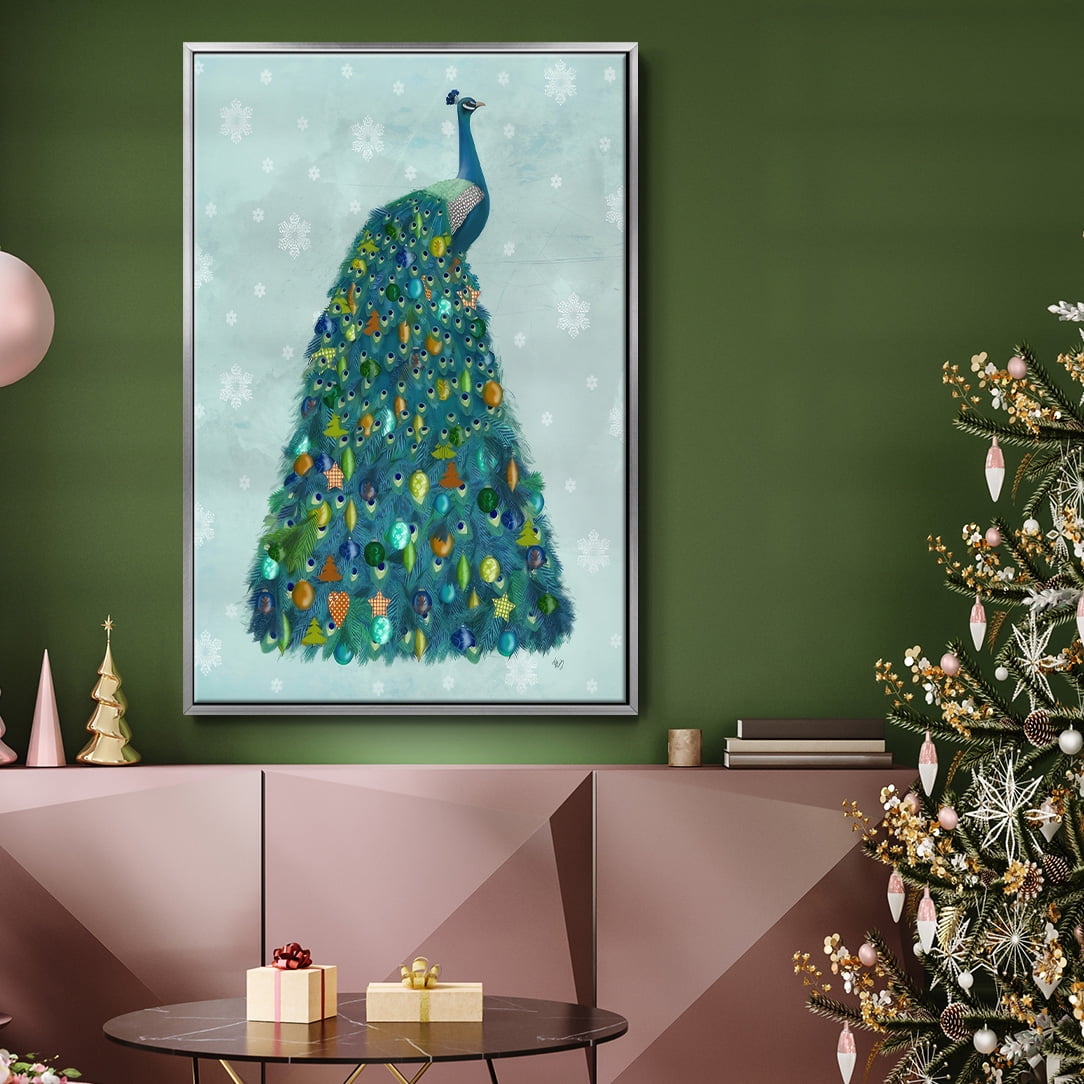 Christmas Peacock Christmas Tree - Framed Gallery Wrapped Holiday Canvas - 17 x 25 - Silver Frame