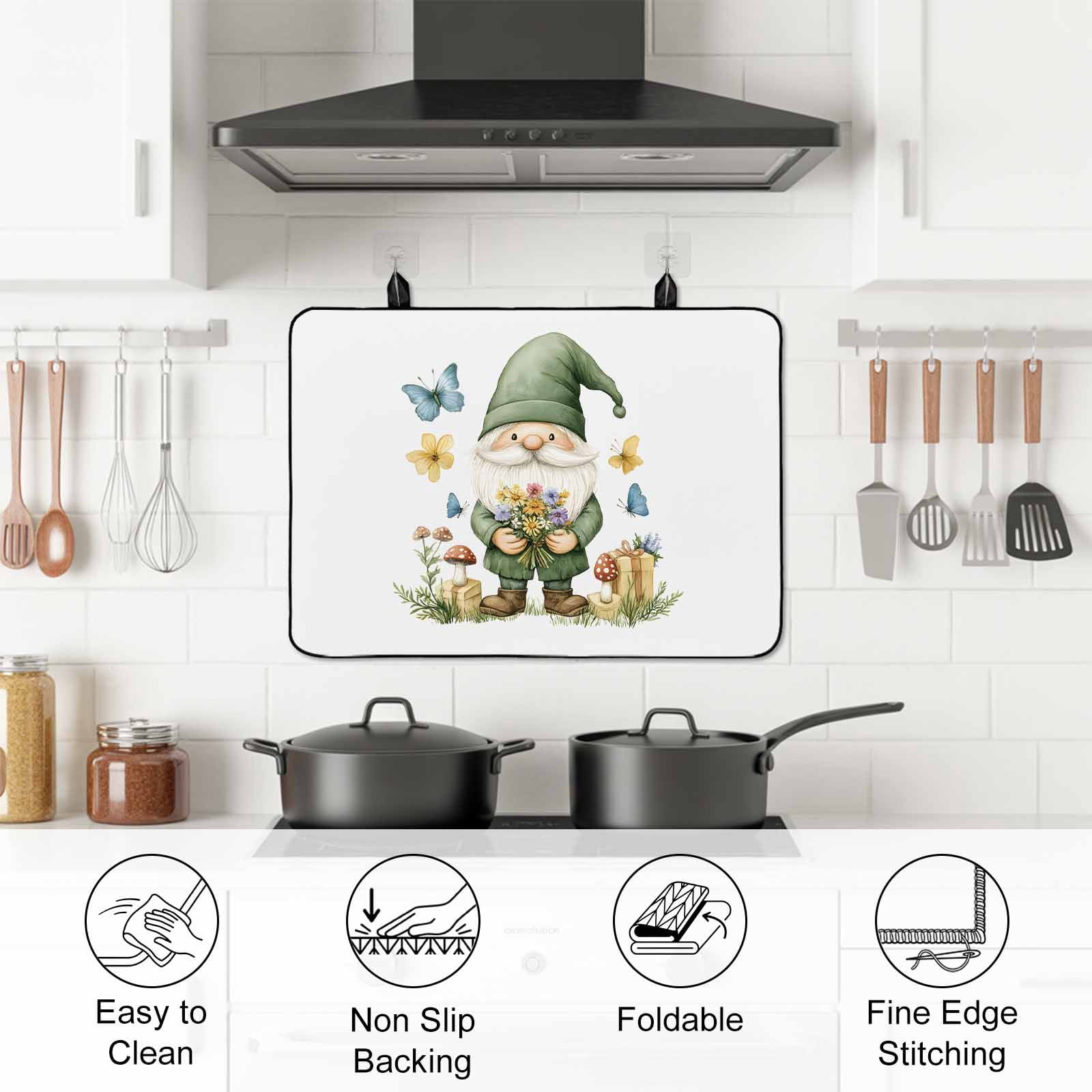 Spring Green Gnomes Stove Top Cover for Electric Stove, Heat-proof & Non Slip Glass Top Stove Cover Protector, Mushroom Gift Botanical Kitchen Flat Cooktop Rubber Mat 24x21 Inches