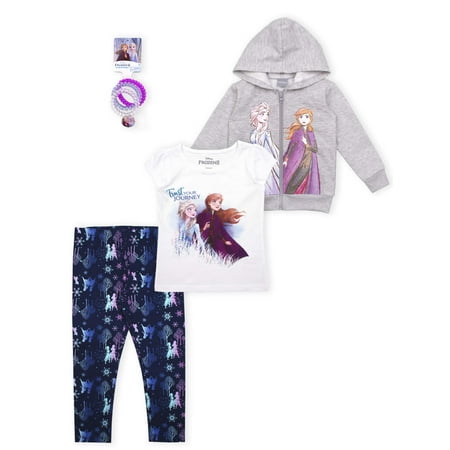 Disney Frozen 2 Anna Elsa Toddler Girl Hoodie, T-shirt, Leggings & Hairties, 4pc Outfit Set