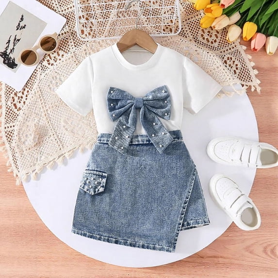 Letdown Kid Girls Clothes Outfits Cute Sweet Bowknot T-Shirt + Denim Skirts Summer Clothing Set Bows Tween Girls Trendy Clothes