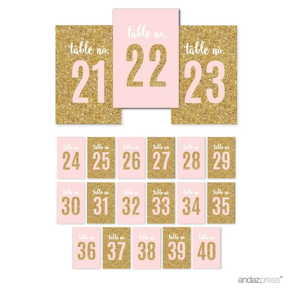 Signature Blush Pink, White, Gold Glittering Party Collection, Table Numbers 21-40, 4x6-inch, 1-Set