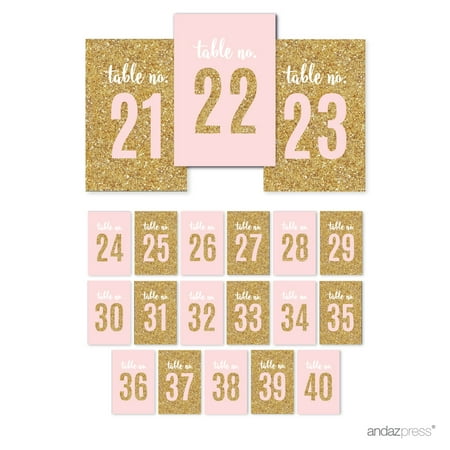 Signature Blush Pink, White, Gold Glittering Party Collection, Table Numbers 21-40, 4x6-inch, 1-Set