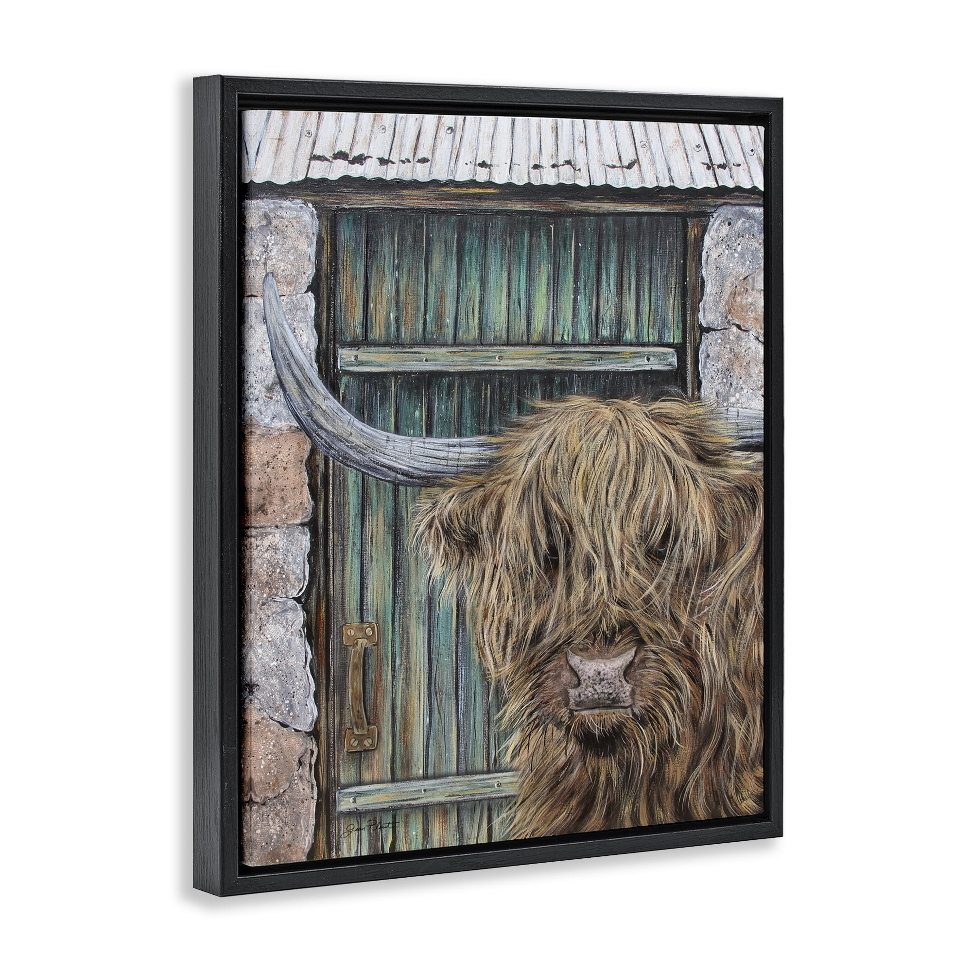 Highland Cow by Barn Door Black Framed Floater Canvas Wall Art, design by Jean Plout