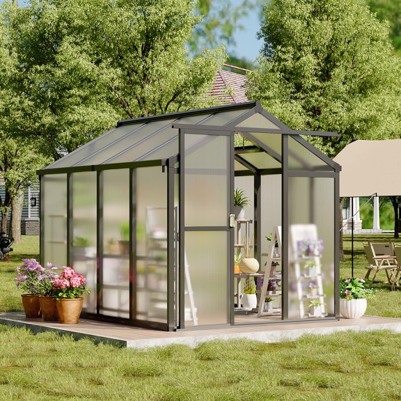 6x8 FT Heavy-Duty Polycarbonate Greenhouse for Outdoors, Aluminum Walk-in Structure with Roof Vent & Lockable Door, Easy Assembly Sunroom for Backyard Patio Lawn – Dark Grey