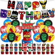 Super Hero Birthday Party Supplies, Party Decorations Set Include Banner, Balloons, Cake Toppers, Small Cupcake Toppers, for Boys Girls Theme Party