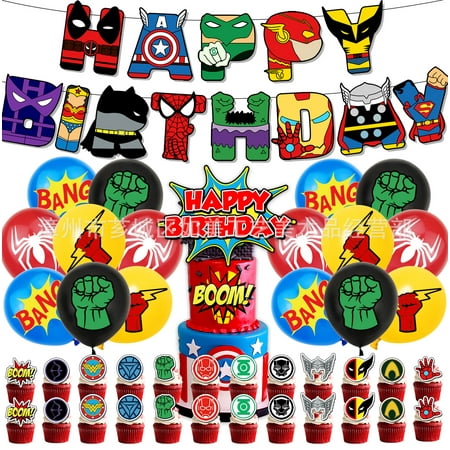 Super Hero Birthday Party Supplies, Party Decorations Set Include Banner, Balloons, Cake Toppers, Small Cupcake Toppers, for Boys Girls Theme Party