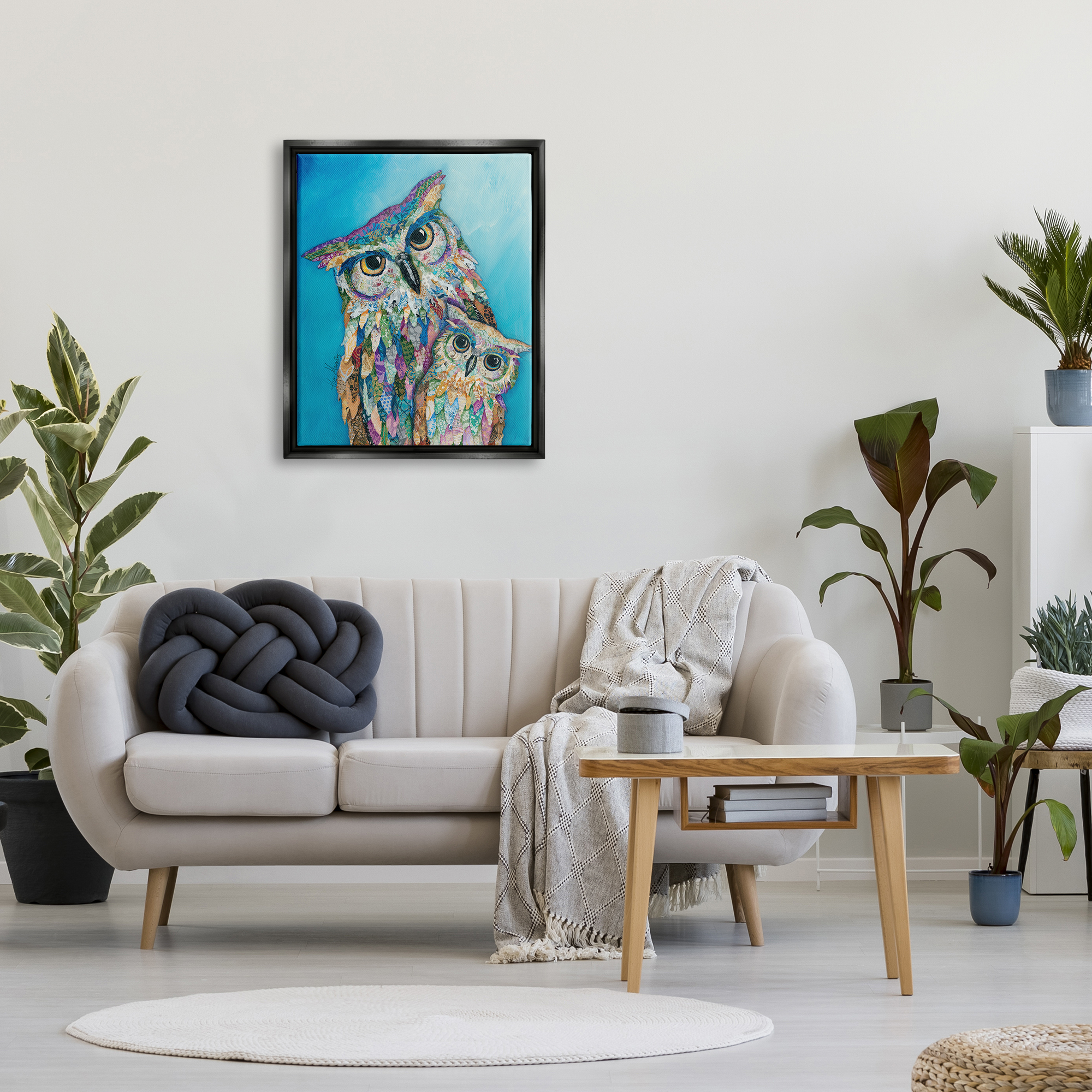 Stupell Industries Pair Wise Owls Varied Patterns Painting Collage Painting Jet Black Floating Framed Canvas Print Wall Art, Design by Lisa Morales