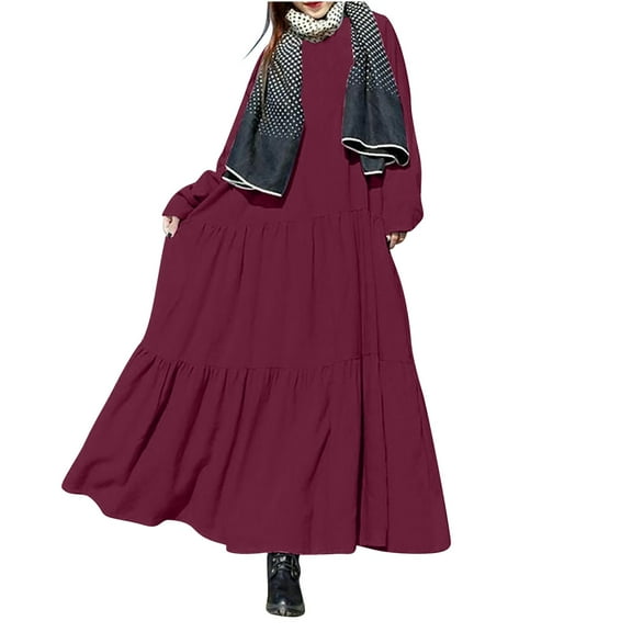 HAiming Women's Cotton Linen Long Sleeve Dress Solid Crewneck Plus Size Casual Loose Pleated Tiered Long Maxi Dresses