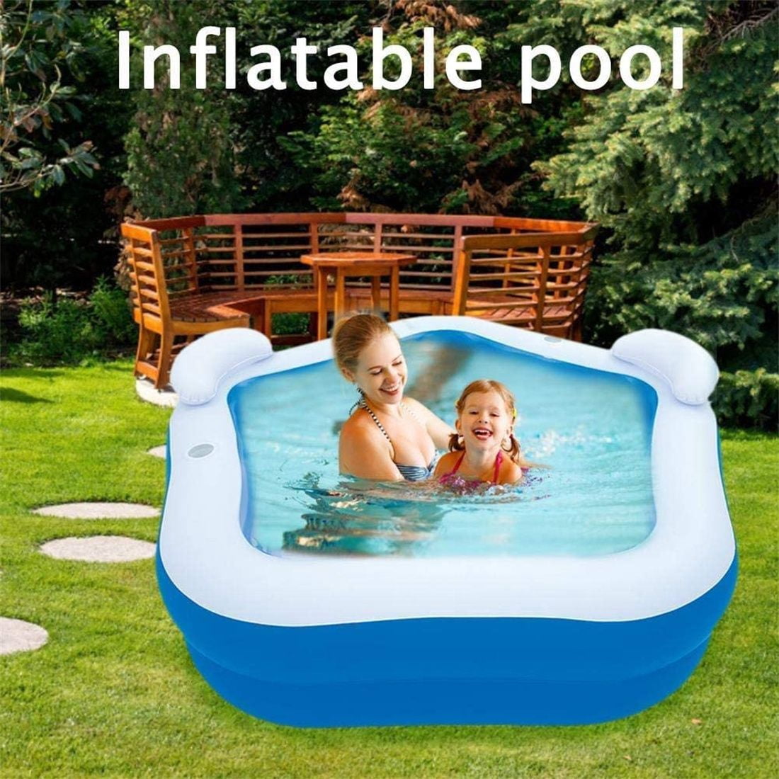 84"×82"×27" 2-Seat Inflatable Rectangle Pool, Family Paddling Pool with Headrest & Cup Holder, Waterproof Wear-Resistant Summer Water Lounge for Outdoor Garden Backyard, Blue