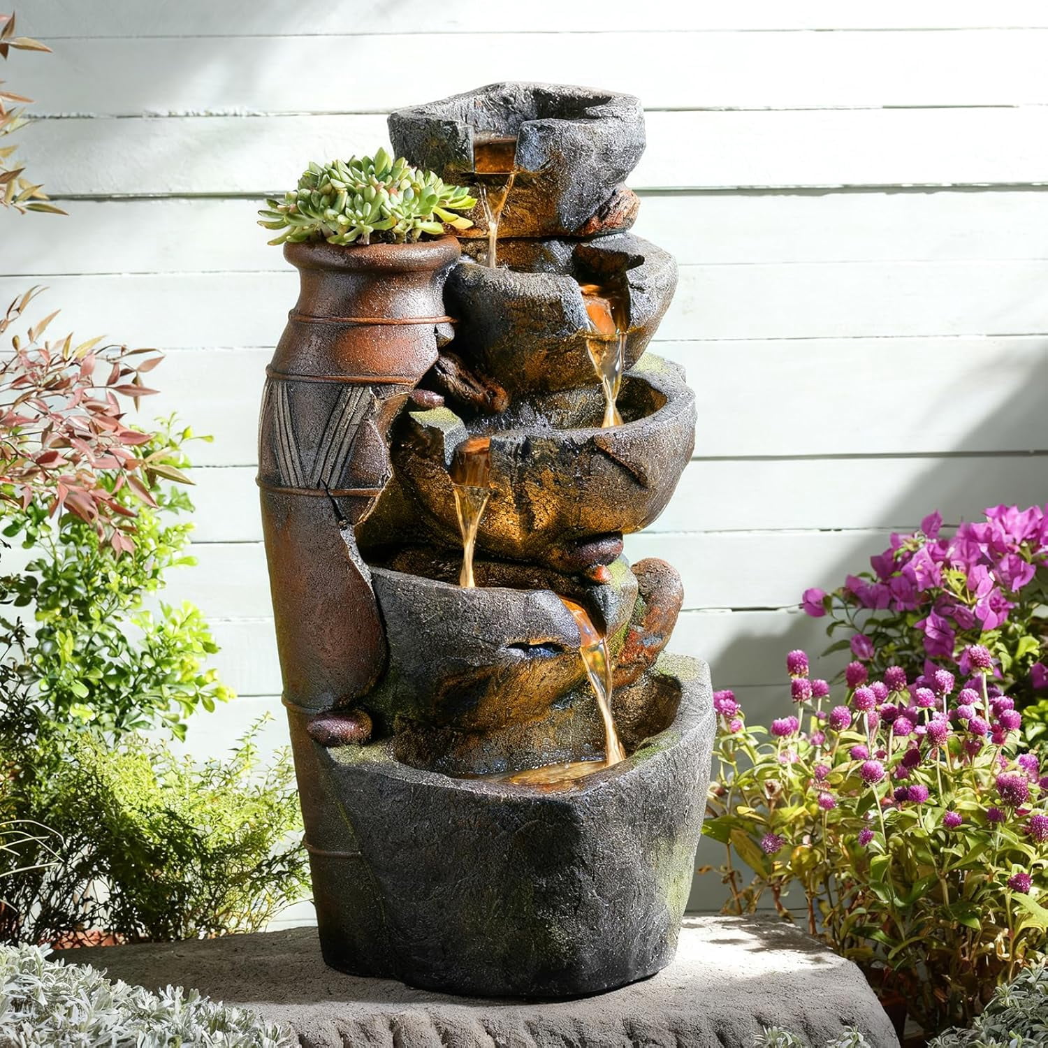 5 Tiered Rock Water Fountain Outdoor with Vintage Jar, Cascading Waterfall Fountain with LED Lights, Outdoor Fountains for Garden or Patio, Yard, and Deck Decor, 16.5" L x 12.6" W x 31.7" H
