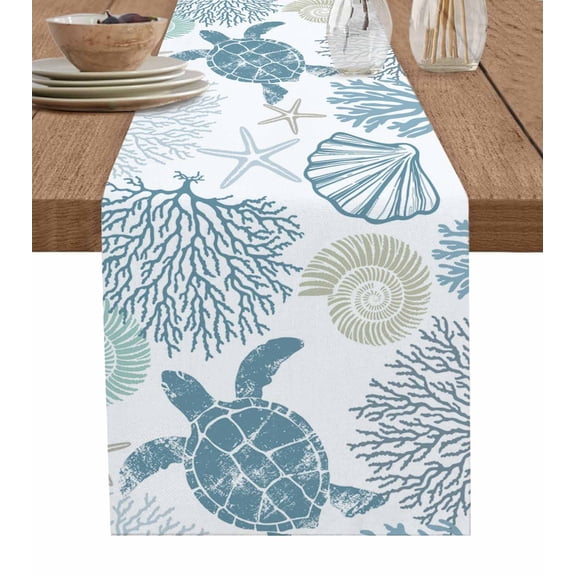 ERUNPONLY Blue Turtle Coastal Table Runner - 72 Inch Long Summer Beach Nautical Coral Cotton and Linen Blended Dress Scarves Farmhouse Table Runner for Kitchen Dining, Coffee Table, 18" x 72"