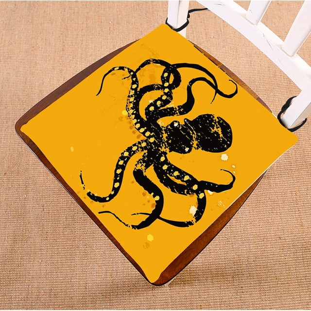 ABPHQTO Black Octopus Yellow Cojín de silla Cojín de asiento Cojín de silla Cojín de suelo con memoria transpirable Cojín interior y lazos Impresión a dos caras 40x40 cm ABPHQTO Chair-ZK-49-16x16