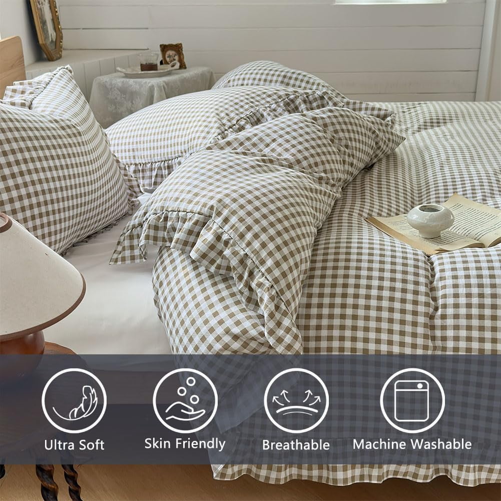 Tan Gingham Ruffle Duvet Cover Queen Size, 3 Pieces Taupe Soft Pre-Washed Microfiber Checked Plaid Comforter Cover Set, Vintage Farmhouse Bedding Set(Tan Gingham, Queen 90"x90")