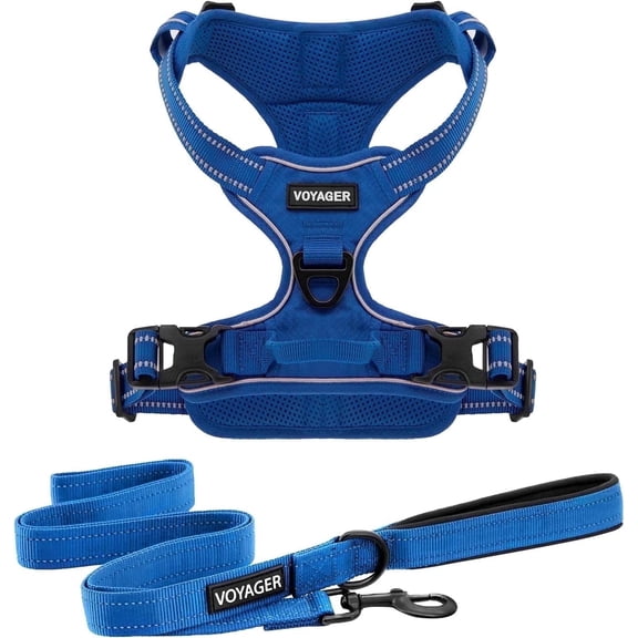 Voyager Dog Harness Dual Leash Attachment No-Pull Control Adjustable Soft but Strong Pet Harness for Medium and Large Dogs with 3M Reflective Technology - Harness Leash Set (Royal Blue Lattice), L