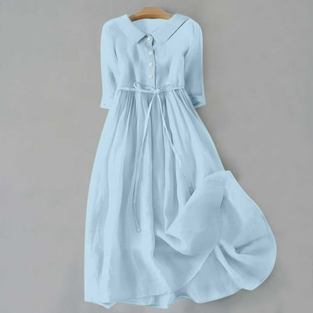 Summer Saving!Womens Cotton Floral Midi Dresses Cotton Linen Vintage Dresses for Women 2024 Babydoll Collar Button Lace-Up Dress 3/4sleeve A Line Sundress Casual Pleated Flowy Summer Beach Dress