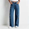 thumbnail image 2 of Levmjia Women Wide Leg Jeans with Side Metal Grommets High Waisted Baggy Denim Pants Streetwear Vintage Cargo Pants, 2 of 9