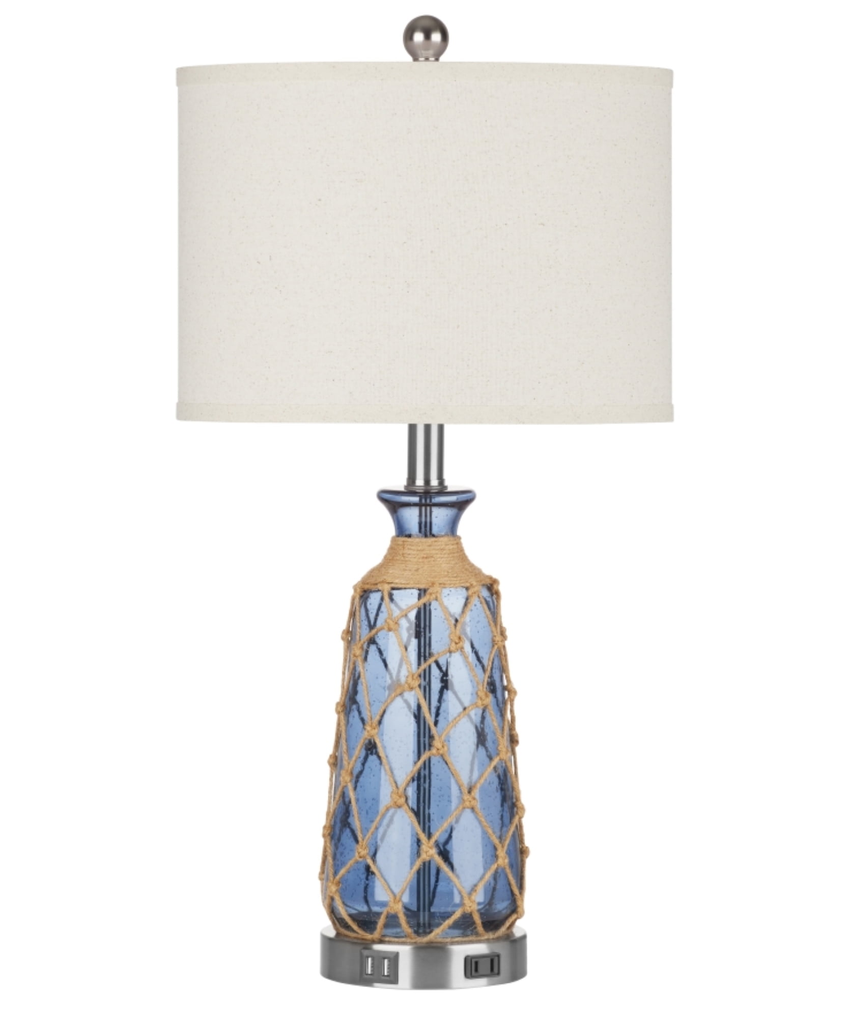Cinkeda Modern Glass Rattan Table Lamp with USB Ports AC Outlet for Bedroom Living Room Nautical Blue 3 Way Dimmable Touch Control Single Bedside Nightstand Lamp