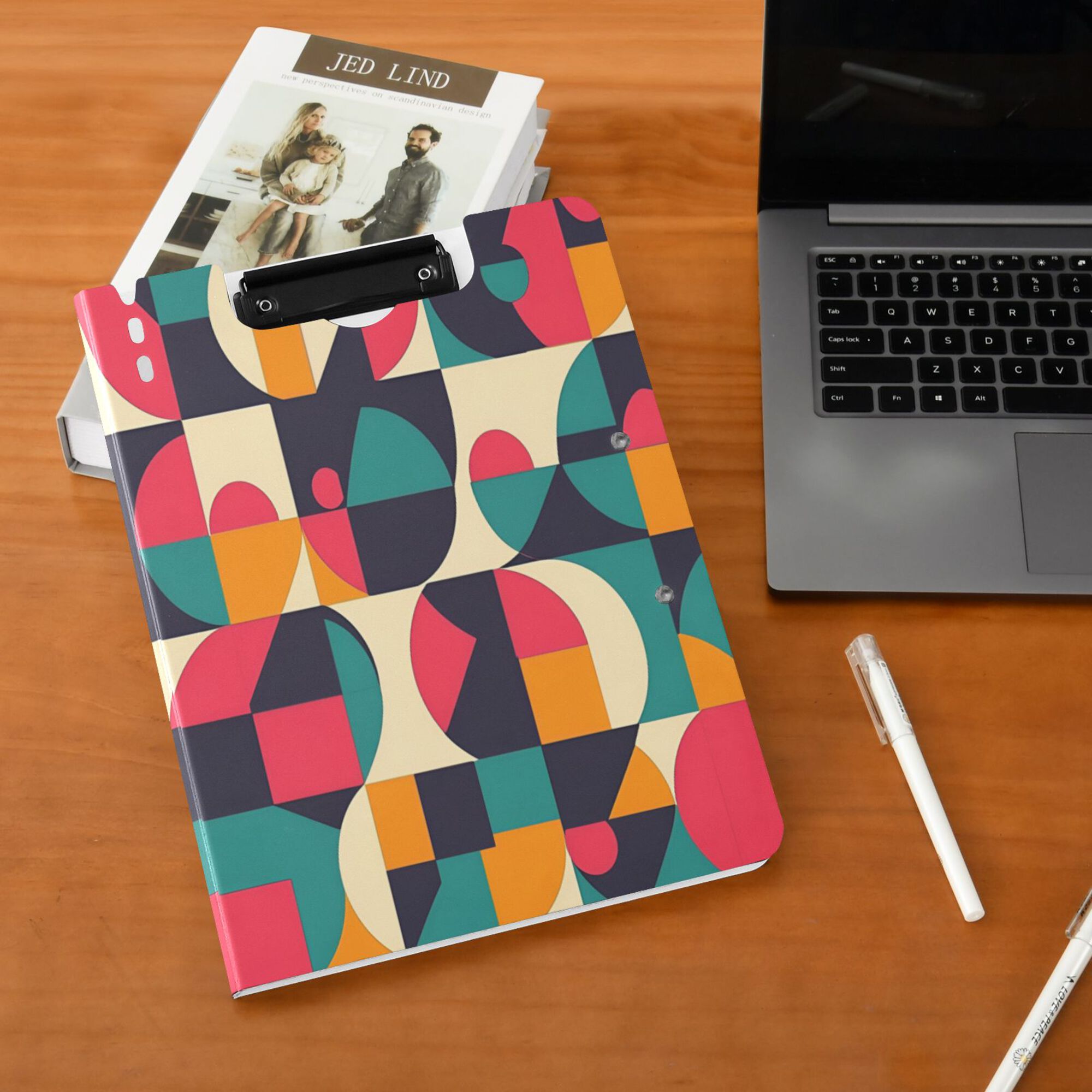 FORMRS A4 Clipboard Folder with Pen Holder Horizontal Foldable School Office Binder, Retro Geometric