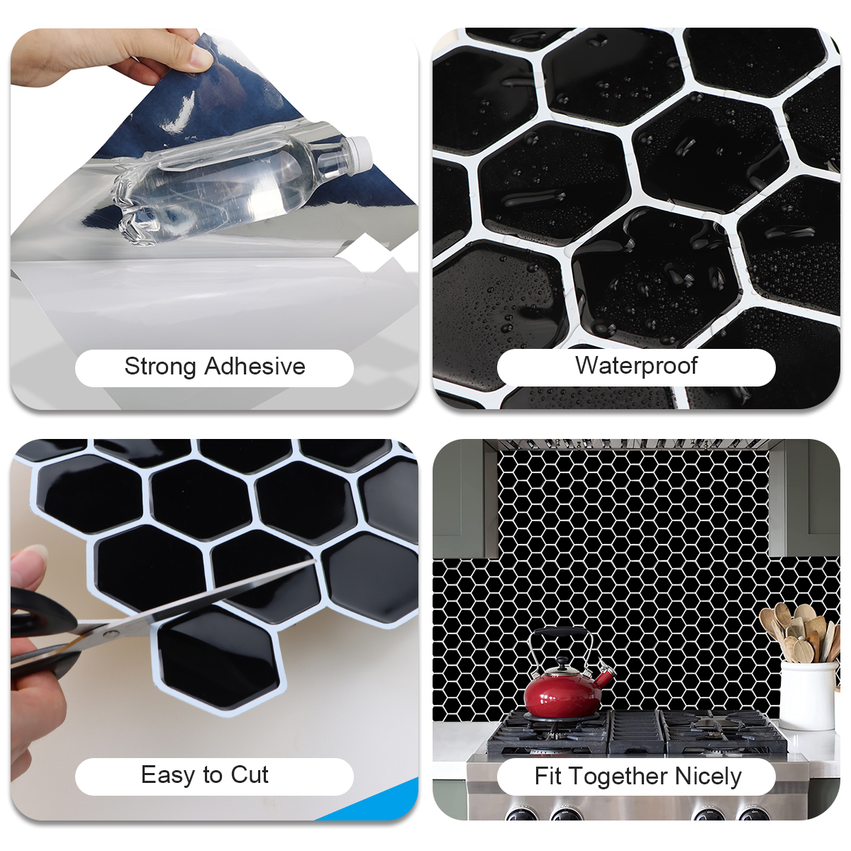 Clever Mosaics 3D Hexagon Black Peel and Stick Vinyl Tile for Kitchen and Bathroom Backsplash (10 Sheets)