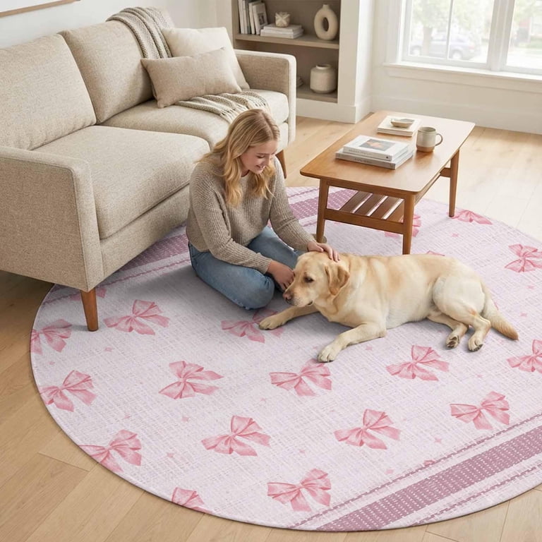 4ft Round Rug, Pink Bow Non-Skid Rubber Backing Large Area Rugs ...