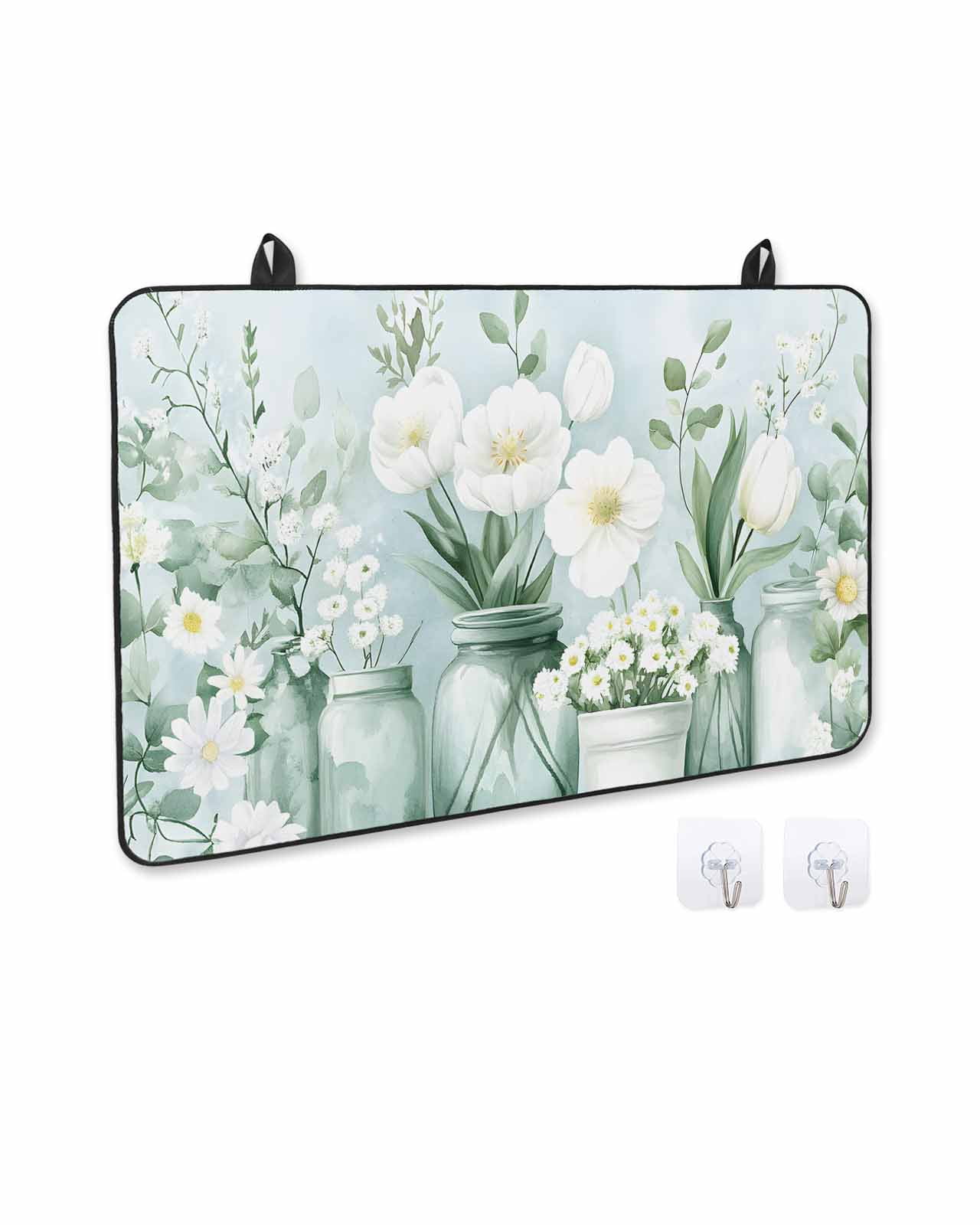 nqOlkjepod Large Induction Cooktop Protector Mat 36"x21", Teal Flower Stove Top Covers for Electric Stove, Vase Botanical Watercolor Summer Decorative Stove Burner Cover Mats, Glass Top Stove Cover