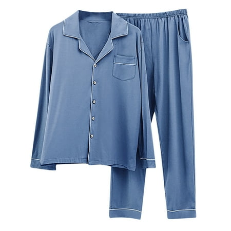 

YWDJ Pajamas for Women Soft Comfy Men Casual Solid Cardigan Long Sleeves Sleepwear Tops And Pants Turndown Suit Blue XL