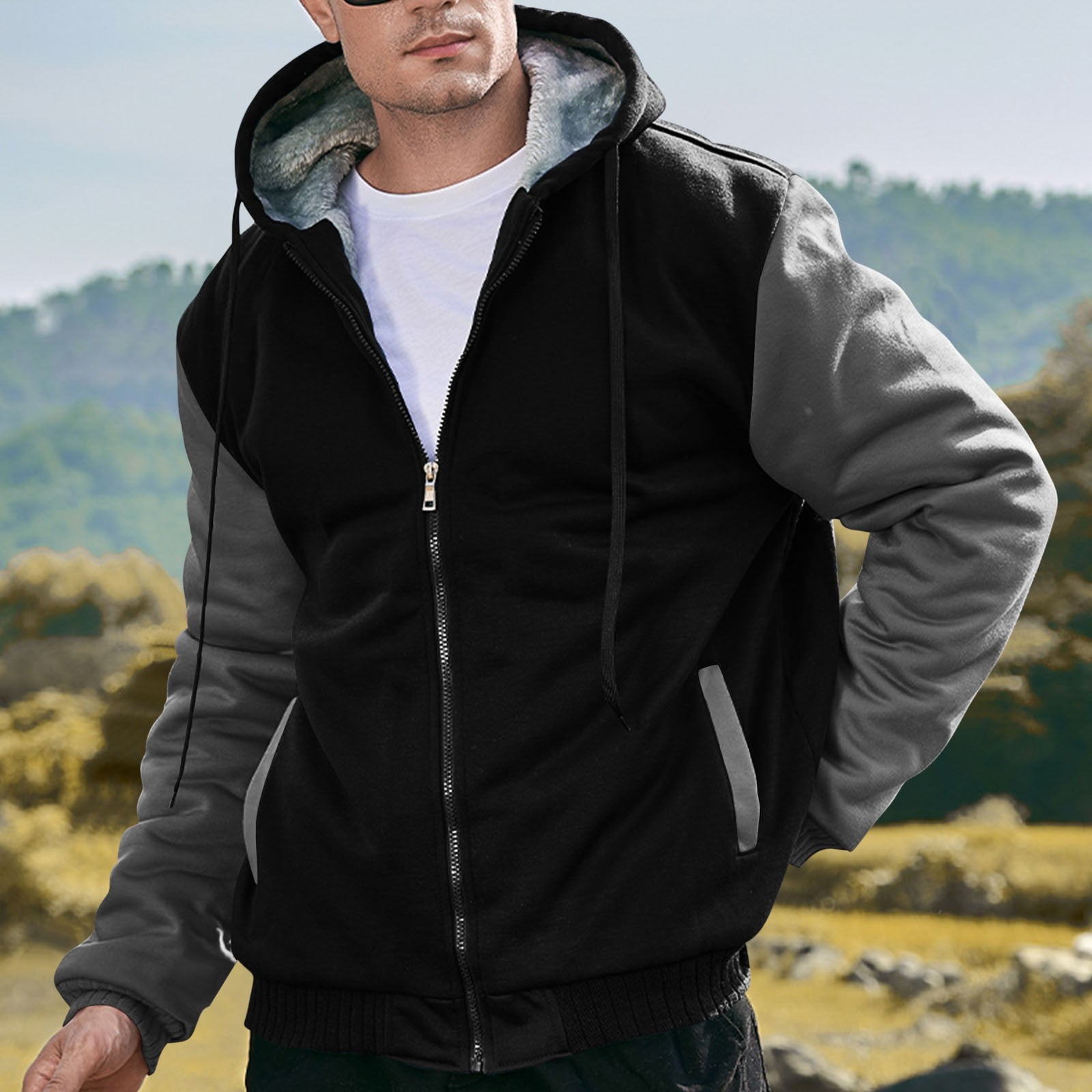 KIHOUT Mens Fleece Jackets Contrast Hoodies Lightweight Zipper