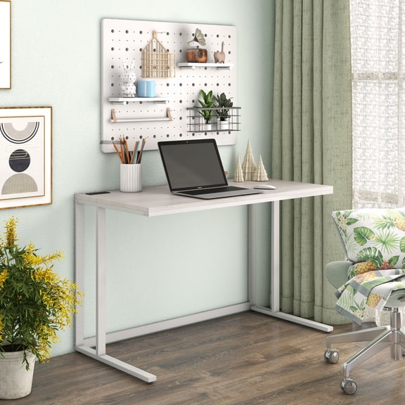 Lazzo Wood Writing Desk with USB Ports, Light Oak and White