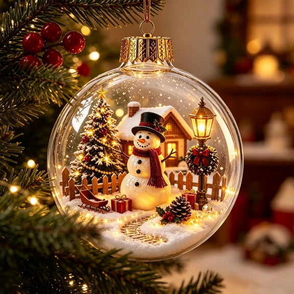 MYUNNIL Glowing Christmas Globe Ornament, 3.15" Light up Clear 3D Winter Scene Hanging Ball with Warm LED Light, Novelty Reusable Seasonal Decoration for Xmas Tree Mantel Home, ( Snowman )