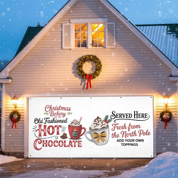 Hot Cocoa Christmas Garage Door Decorations, 6x13ft Garage Door Cover Banner with Grommets, Outdoor Garage Door Backdrop Mural for Holiday Party Wall Decor, Funny Quote