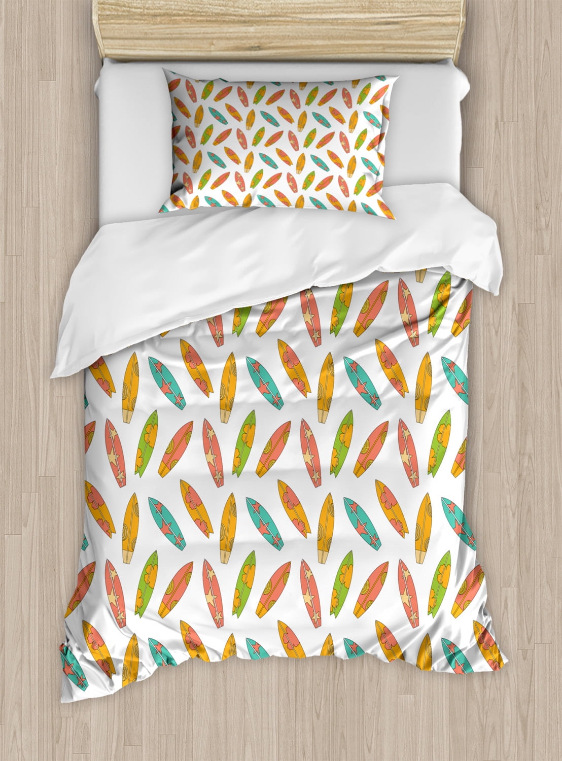 Surfboard Duvet Cover Set Twin Size, Fun Colorful Surfing Boards Water