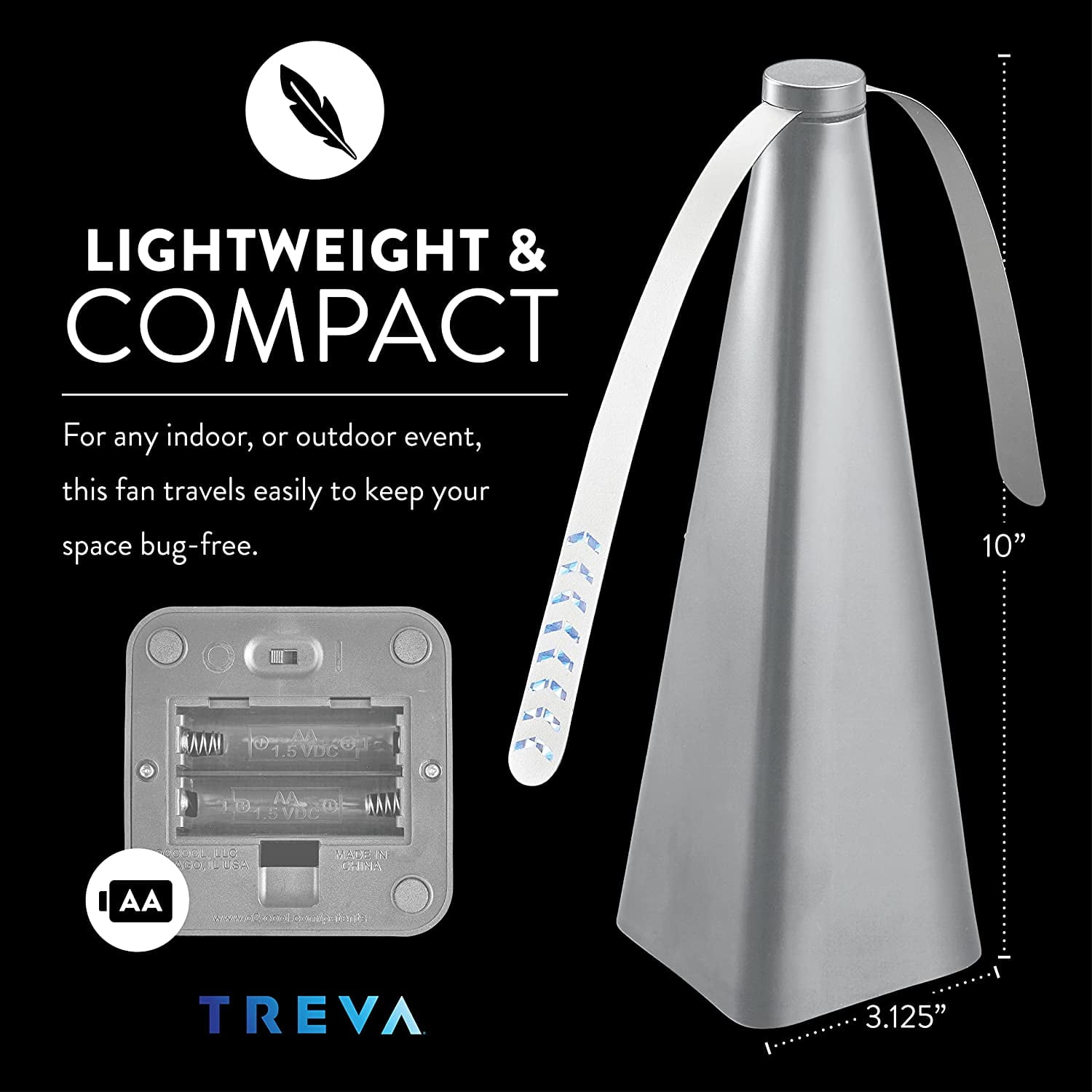Treva Chemical Free Bug Fan Fly Deterrent with Holographic Blades to Clear Bugs, Mosquitoes, and Flies, Battery Powered Fly Fan - Silver, 2 Pack