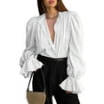 thumbnail image 3 of Womens Blouse Shirt Straw Yellow Solid Color Shirred Cuff V Neck Blouse Trendy 2024 Fall Winter Clothes White L, 3 of 6