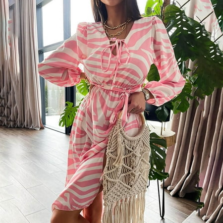 

TIHLMK Dress Deals Clearance Women s Fashion Casual V Neck Stripe Printing Lacing Long Sleeve Dress(Belt Included )