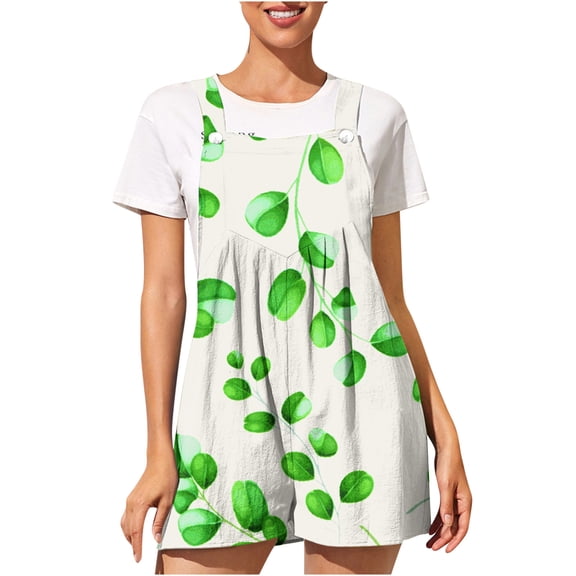 Gifts Usmixi Jumpsuits for Women Loose Comfy Linen Pleated Wide Leg Casual Button Strap Pocket Short Jumpsuits Summer Formal Flowers Print Square Neck Sleeveless Mini Rompers Green xxl