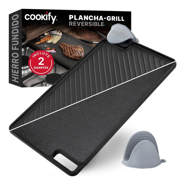 Plancha Hierro Fundido Reversible Cookify Parrilla Grill 46x25.7cm con Miniguantes de Silicona
