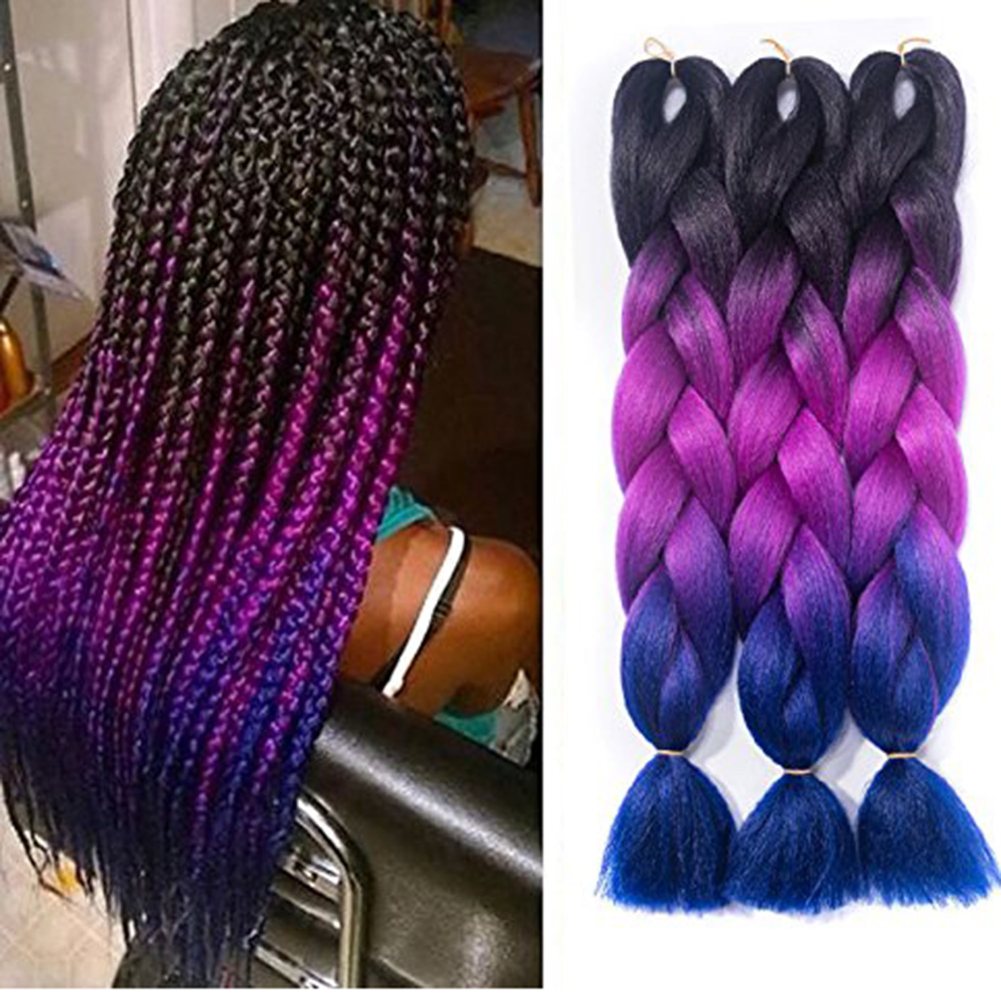 NATURAL BEAUTY Synthetic Braiding Hair Bundles Ombre Twist Braiding Hair  Fiber Jumbo Hair Extensions for Women (3 Bundles, Purple-Lake Blue-Light