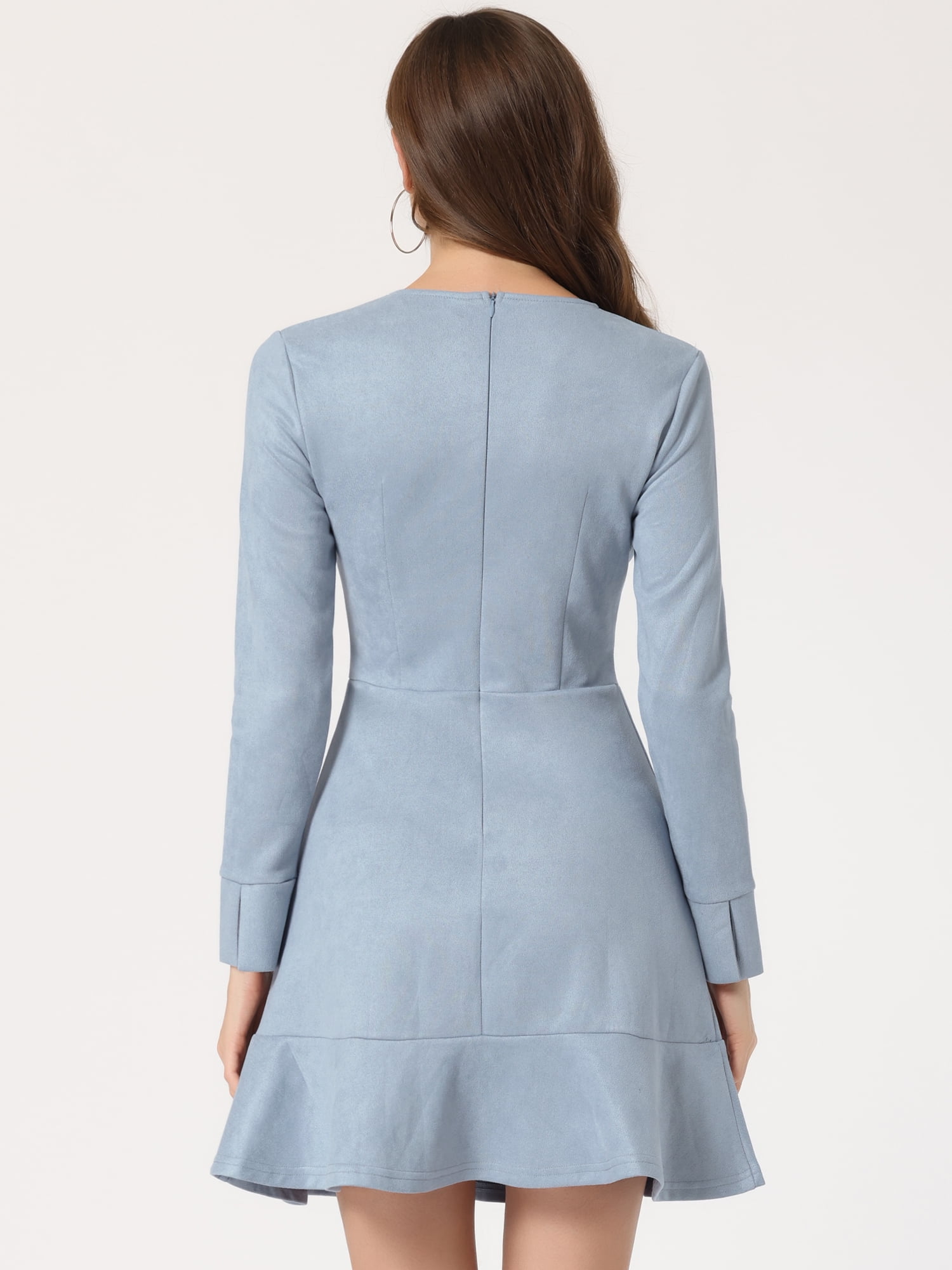 Unique Bargains Women's Faux Suede Ruffle Hem Long Sleeve Mini Dresses L Grey Blue